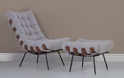 Poltrona Costela Roncalli + Puff Linho Bege Tecido Sustentável Lâmina Madeira…