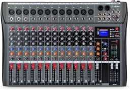 VDA212L Mesa de som 12 canals, Small Stage Bluetooth USB MP3, entrada 48V Phantom Power DJ Audio Network Karaoke Mobile Live High Power Mixer Professional 12 Channel Studio Audio Mixer 110V/220V