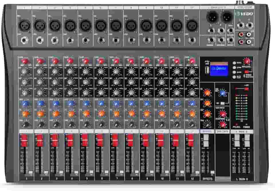 VDA212L Mesa de som 12 canals, Small Stage Bluetooth USB MP3, entrada 48V Phantom Power DJ Audio Network Karaoke Mobile Live High Power Mixer Professional 12 Channel Studio Audio Mixer 110V/220V