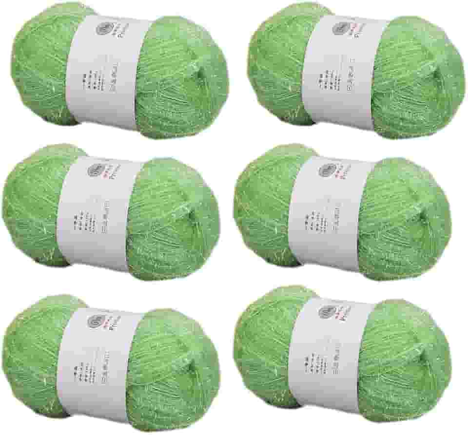 6 novelos de fio brilhante para panos de prato 100% poliéster, vidro, seda, pastel, para crochê, tecelagem, artesanato feito à mão, total de 300 g (verde grama)
