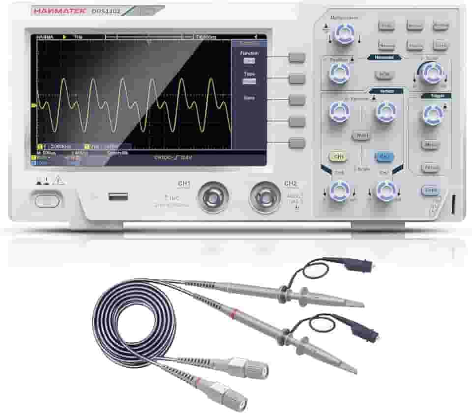 Osciloscópio digital HANMATEK 110 mhz de largura de banda DOS1102 com 2 canais e tela de 18 cm, tela TFT-LCD, kit de osciloscópio profissional portátil com taxa de amostragem de 1GS/s (não para uso médico)
