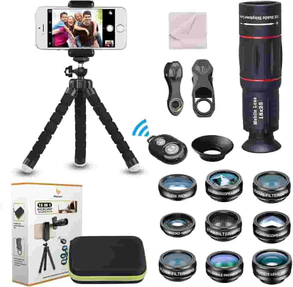 Kit de lentes de câmera de telefone universal 15 em 1 lente teleobjetiva 18X, lente grande angular, lente macro, lente olho de peixe, lente caleidoscópio 3/6, CPL/fluxo/estrela/filtro radial, tripé,