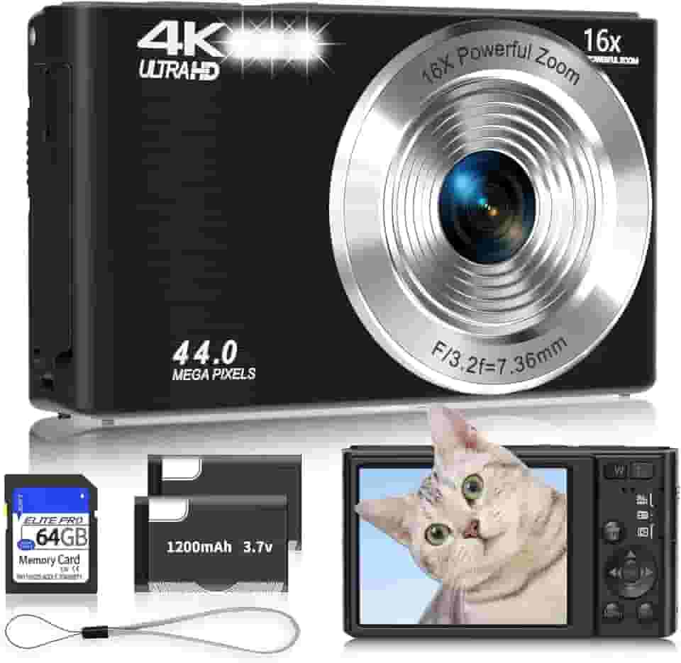 Câmera digital 4K, câmeras pretas de atualização para adolescentes, câmera digital de foco automático para crianças com zoom de 16X, cartão SD de 64 GB, câmera pequena compacta para meninos, meninas