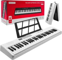 Teclado Musical Eletrônico Portátil 61 Teclas, 200 Timbres e Ritmos, Visor Digital LED com Suporte para Partituras e Microfone Incluso (Branco)
