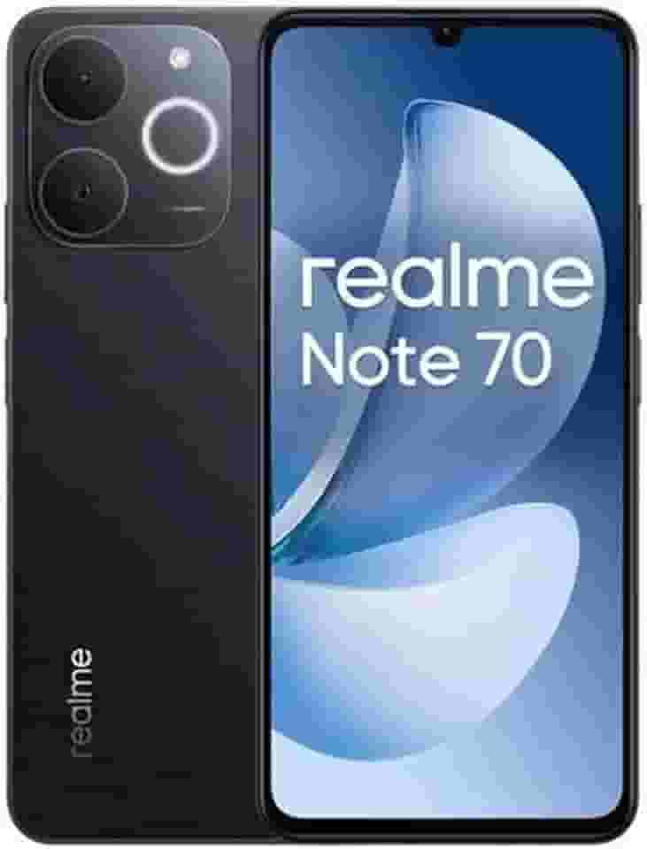 Smartphone Realme Note 70 RMX5313 8GB de RAM / 256GB. Bateria de 6300mAh e tela de 6,74" 90Hz HD+, IP54 com Resistência Militar a impactos. Cor Obsidian Black (Preto). Global Anatel