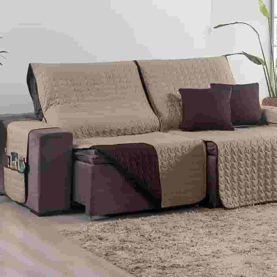 Capa para Sofá Retrátil 4 Lugares Tamanho King 2,40m 400 Fios + 2 Capa de Almofada | Protetor de Sofá Retrátil com Bolso (Caqui/Marrom)