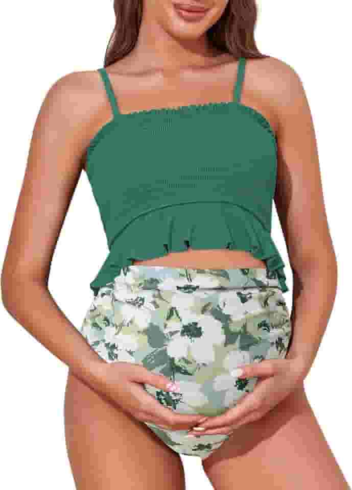 Biquíni de cintura alta com nervuras para gestantes, biquíni cropped com corte alto, duas peças, roupa de banho para gravidez