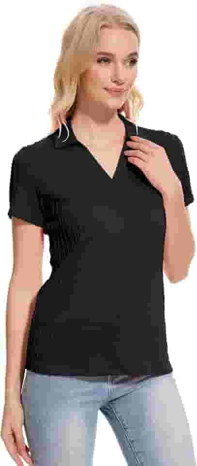 Camisa polo feminina casual de verão, gola V, gola V, blusa de malha de manga curta