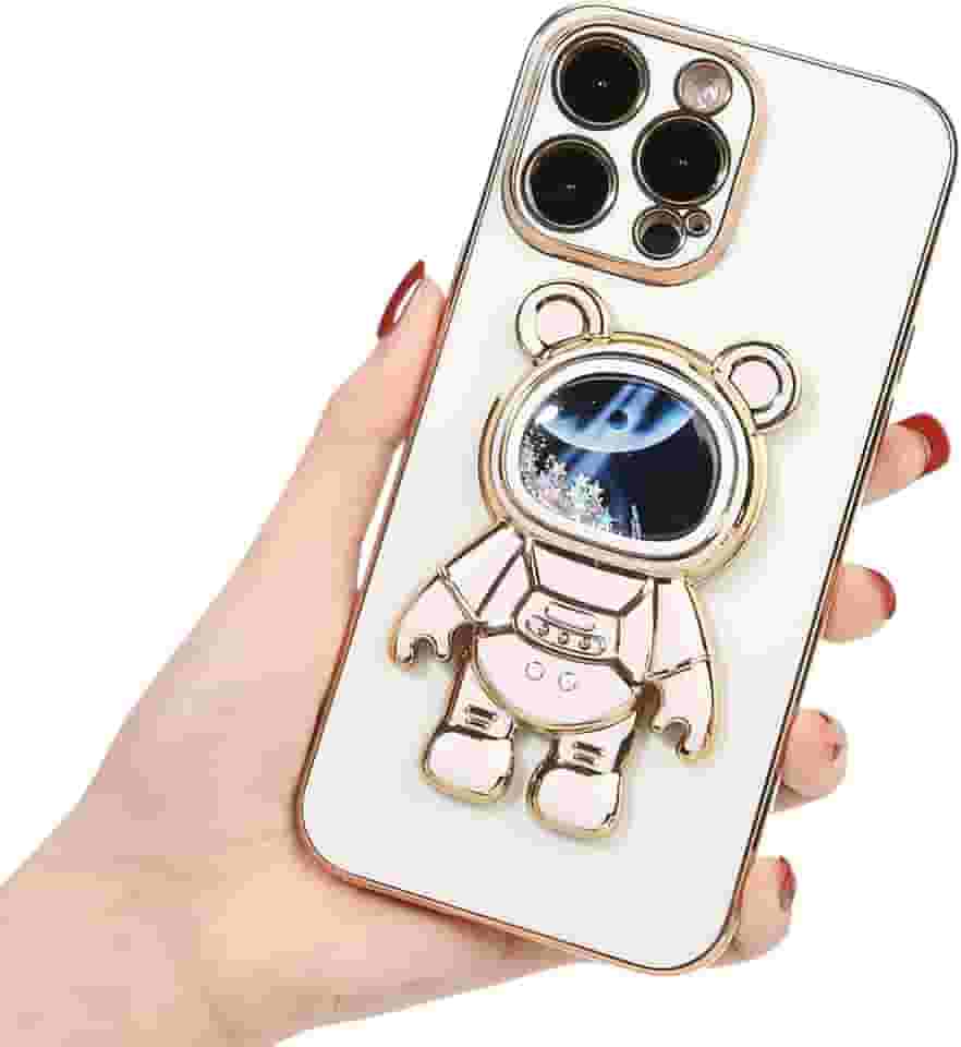 Capa para iPhone 16 Pro, à Prova de Choque, 360° Proteção Completa, Capa de Moda com Suporte Astronauta, TPU Anti-Queda, Proteção de Câmera, Antiamarelo (16P, Branco)