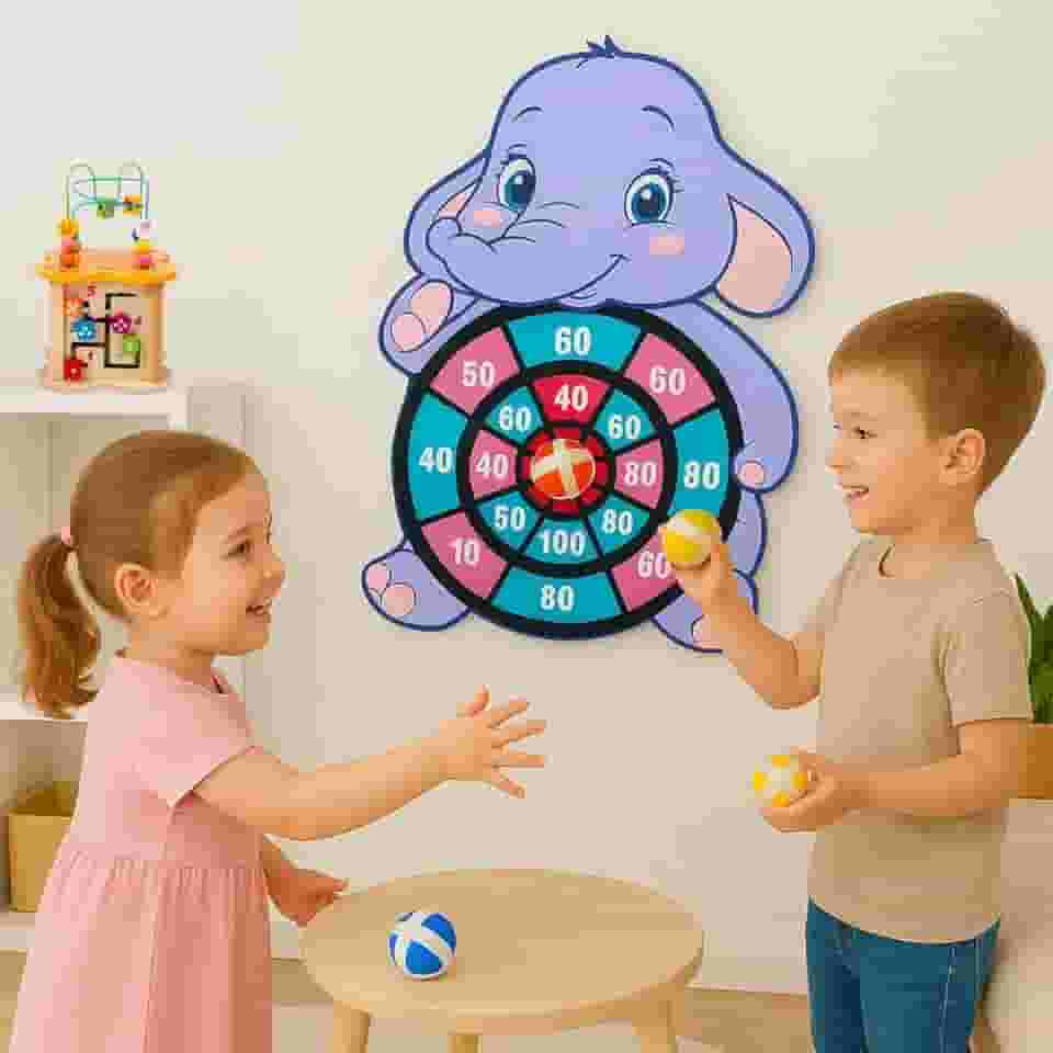 Painel Alvo Infantil Elefantinho 43x30cm com Bolinhas que Grudam – Jogo Educativo de Arremesso, Coordenação Motora, Brinquedo Seguro e Divertido para Crianças