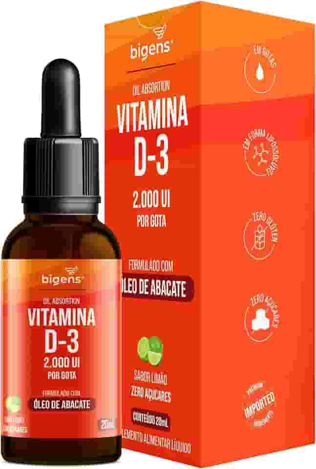 Vitamina D3 Liquida, 2000UI por gota, formlado com óleo de abacate, Sabor Limão, Unidade 20mL, Bigens (Unidade)