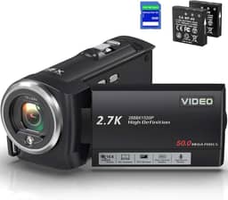 Filmadora 2.7K 50MP Full HD,Câmera de vídeo para Vlogging no YouTube, com Zoom Digital 16X, Função Webcam, Tela Giratória de 270°, Cartão SD de 32GB,2 Baterias,Gravação Contínua
