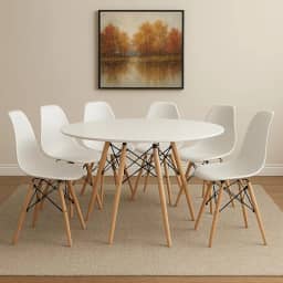 Conjunto de Mesa de Jantar Eames Eiffel Redonda 120cm Tampo de Madeira com 6 Cadeiras Eiffel Charles Eames (Branco)