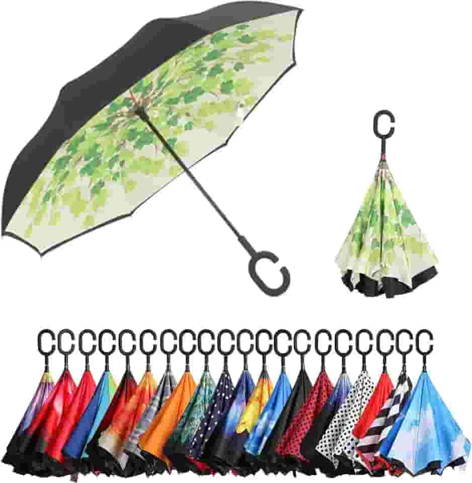 Guarda-chuva invertido de camada dupla NC Saa com alça em forma de C, guarda-chuva reto anti-UV à prova de vento à prova de vento para uso externo (folhas verdes)