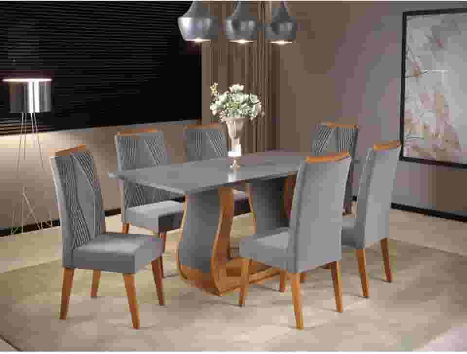 Mesa de Jantar Retangular Vitalic com 6 Cadeiras Madeira Maciça Vegas Mel/Cinza Brilho/Grafite