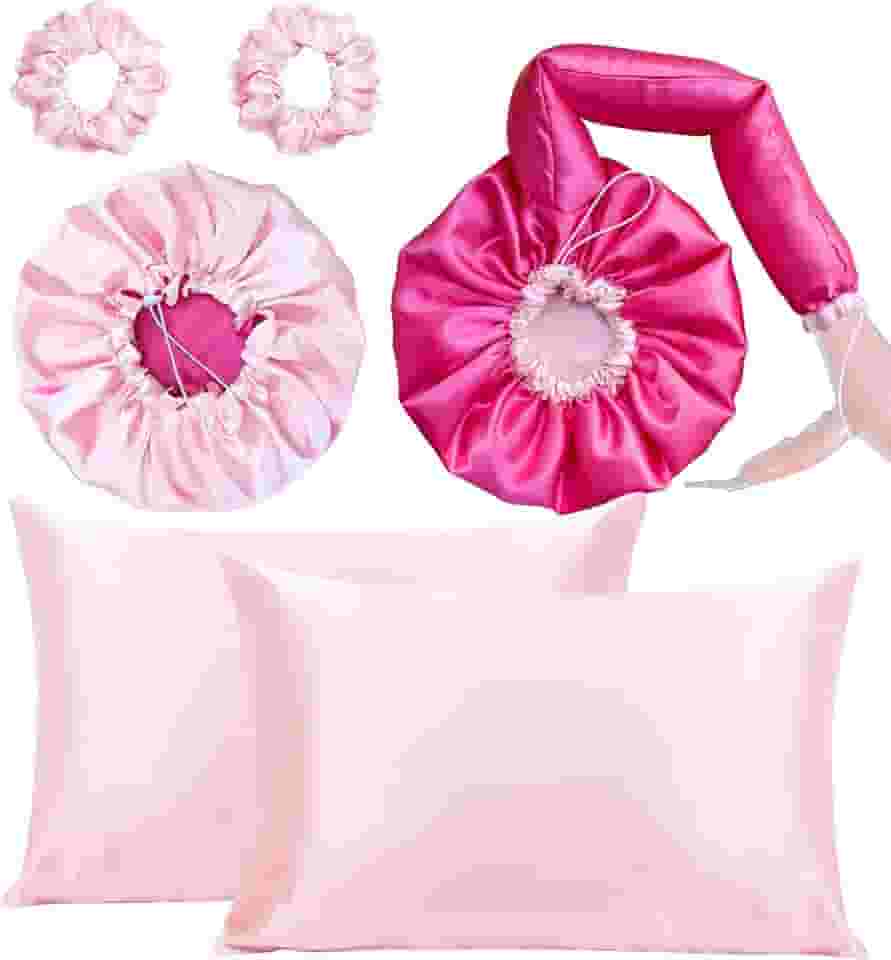 Kit Touca Difusora Dupla + Touca Dormir + 2 Fronhas + 2 Xuxinhas (Pink/Rosa)