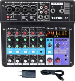 A6 Mesa De Som 6 canais,mixer de placa de som de 6/5/4/3 canais com Bluetooth, entrada USB para PC e alimentação fantasma de 48V para música, podcasting e produção Melhor que teyun A4 NA4 A3