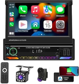 Tela Retrátil Multimidia 7 polegadas com Apple CarPlay, Android Auto, Controle do volante e câmera, Estéreos automotivos ideais para uma direção segura e uma experiência musical imersiva