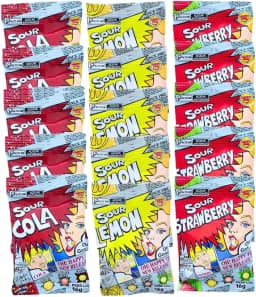 Kit Desafio SOUR 15 Pacotes | Bala Mais Azeda do Mundo | 3 Sabores (Limão, Cola e Morango) | Acidez Extrema Importada
