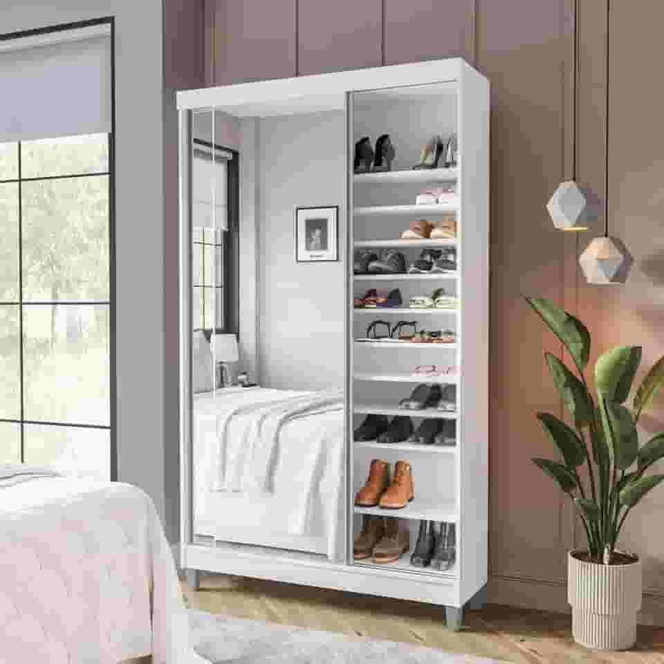 Sapateira 2 Portas de Correr com Espelho e 20 Prateleiras Ajustáveis Diamante Yescasa Branco