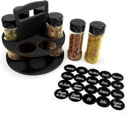 Kit Porta Tempero e Especiarias MDF 6mm Redondo com Alça e Potes Plástico 130ml Tampa Dosadora Dupla