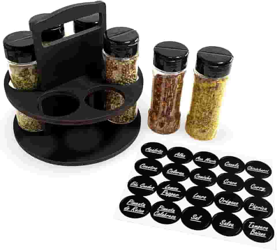 Kit Porta Tempero e Especiarias MDF 6mm Redondo com Alça e Potes Plástico 130ml Tampa Dosadora Dupla