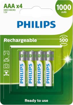 Pilha recarregável AAA 1.2V 1.000mAh, PHILIPS, padrão, R03B4RTU10/59