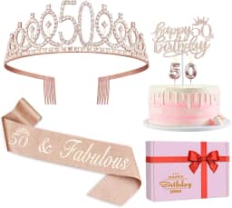 de 50 anos para mulheres, incluindo coroa/tiara de aniversário de 50 anos, faixa, topo de bolo e velas, decorações de aniversário de 50 anos femininas