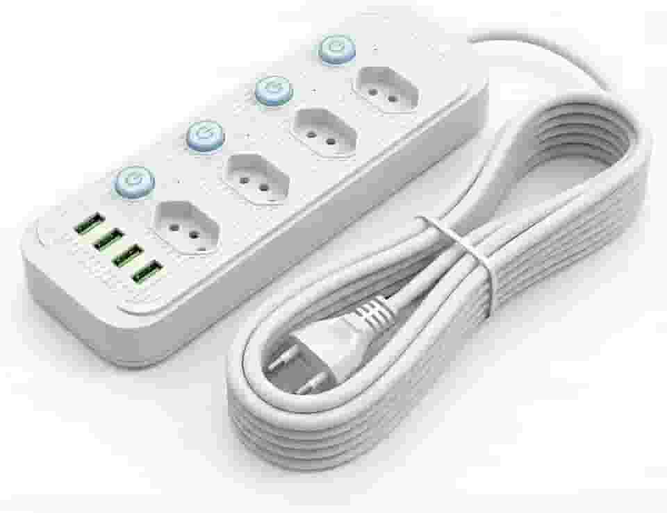 Extensão Elétrica 3 Metros, 5 Tomadas e 4 Saídas USB, Botão de Liga e Desliga, Régua Com Filtro de Linha, Protege Seus Dispositivos Contra Curtos e Sobrecargas, 110V a 220V, Até 2500W