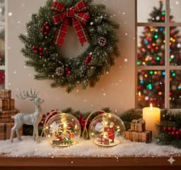 Kit Decoração de Natal com Luzes LED – Cúpula de Vidro Iluminada com Figuras Natalinas de Madeira – Enfeite Natalino Elegante para Mesa, Sala e Presente