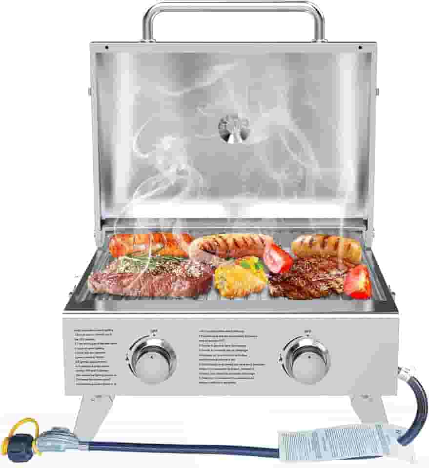 Churrasqueira a gás propano portátil de 2 bocas com pernas dobráveis para acampamento ao ar livre, cozinhar, dois queimadores de 10.000 BTU de aço inoxidável e termômetro embutido, estilo