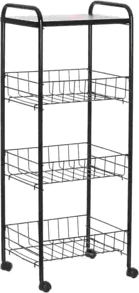 Fruteira de Chão 3 Cestos com Tampo de Madeira e Rodas, Cor Preto, Metaltru