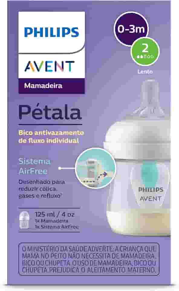 Mamadeira Pétala 3.0 com AirFree Vent Philips Avent 4 oz/125 ml, com bico de fluxo lento (Fluxo 2), SCY670/01
