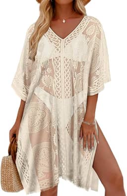 Saída de praia feminina de renda com decote em V, saída de praia para o verão