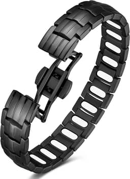 Pulseira de terapia magnética de força 5X para homens - Pulseira de aço de titânio com ímãs Gauss 3800, fecho dobrável premium (preto)