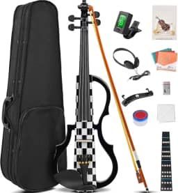 VEDO Violino Elétrico, Conjunto de Violino Elétrico Silencioso 4/4, Violino de Madeira Maciça e Metal, com Acessórios em Ébano, Kit para Iniciantes Adultos e Adolescentes (Xadrez Preto e Branco)