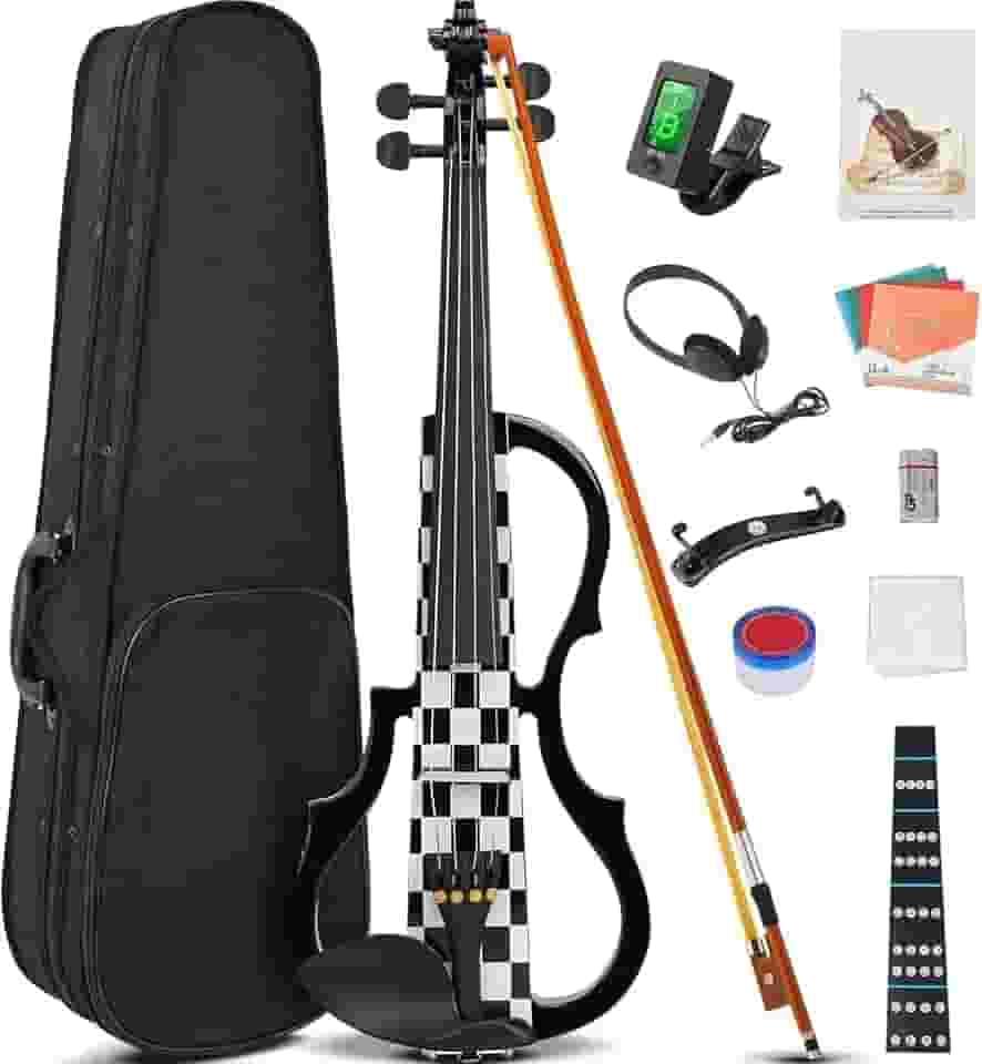 VEDO Violino Elétrico, Conjunto de Violino Elétrico Silencioso 4/4, Violino de Madeira Maciça e Metal, com Acessórios em Ébano, Kit para Iniciantes Adultos e Adolescentes (Xadrez Preto e Branco)