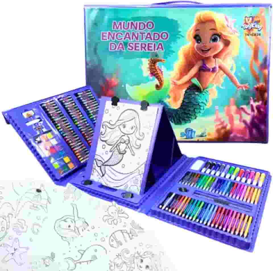 Maleta de Pintura Infantil 208 Itens Mundo Encantado da Sereia Desenho Material Escolar Presente para Crianças