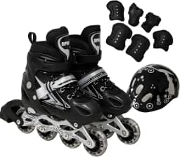 Patins Roller Inline 4 Rodas Skates Ajustavél com Roda Iluminada Jovens e Adultos, Para iniciantes, Uso Interno e Externo + Kit Completo com Capacete e Proteções
