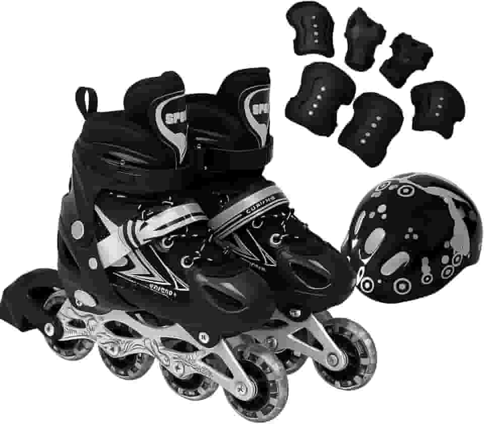 Patins Roller Inline 4 Rodas Skates Ajustavél com Roda Iluminada Jovens e Adultos, Para iniciantes, Uso Interno e Externo + Kit Completo com Capacete e Proteções