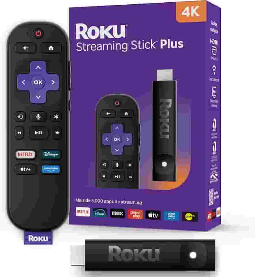 Roku Streaming Stick Plus 4K 2025 | Dispositivo de streaming para TV 4K com controle remoto por comando de voz compatível com Alexa, Siri e Google