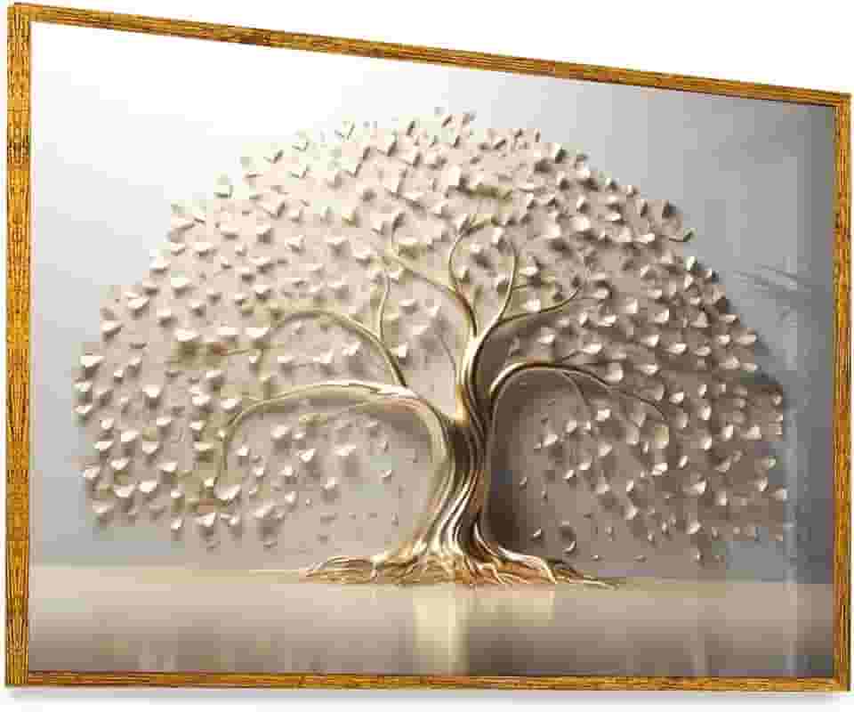 Quadro Árvore da Vida Branco Dourado Vidro 63x43cm Moldura Dourada Exclusiva Art Parede