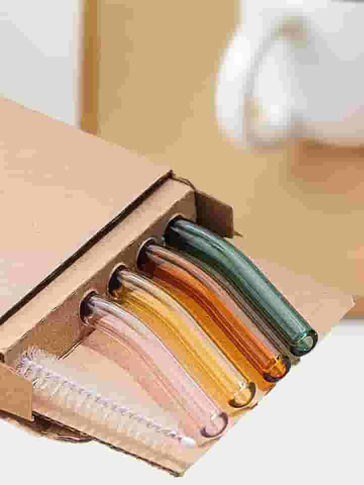 Conjunto de 4 canudos de vidro com escova de limpeza | Reutilizável, resistente ao calor e pode ser lavado na lava-louças | para vitaminas, coquetéis, sucos