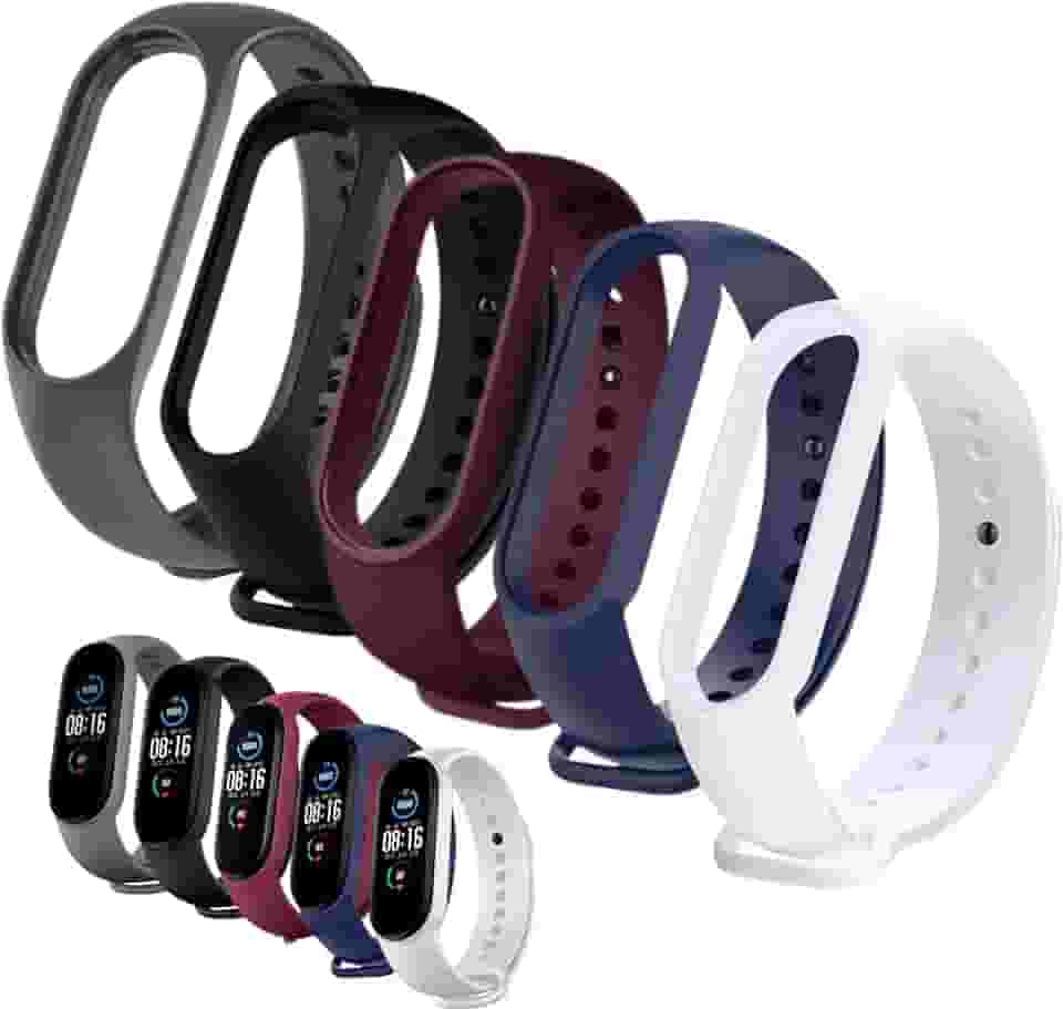 Kit 5 Pulseiras Compativel MI Band 5 e 6 Cores Preta Azul Vinho Marsala Cinza e Branco Silicone Com Pino Resistente Smartband
