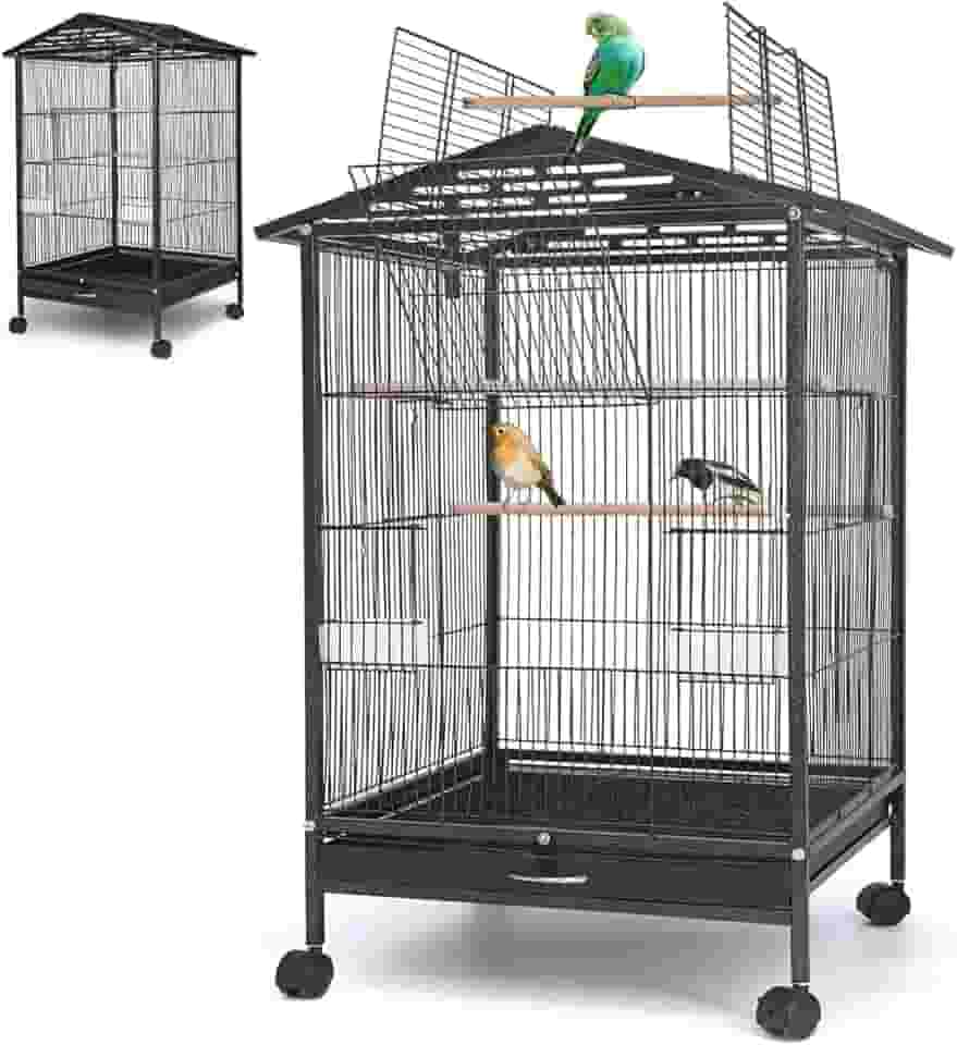 86 * 46.5 * 45.5 cm Gaiola de Pássaro Grande com Teto Duplo, Gaiola Porta-Pássaros Doméstica Portátil, Gaiola de Pássaro Grande com Caixa de Comida e Poste, Gaiola para Periquito