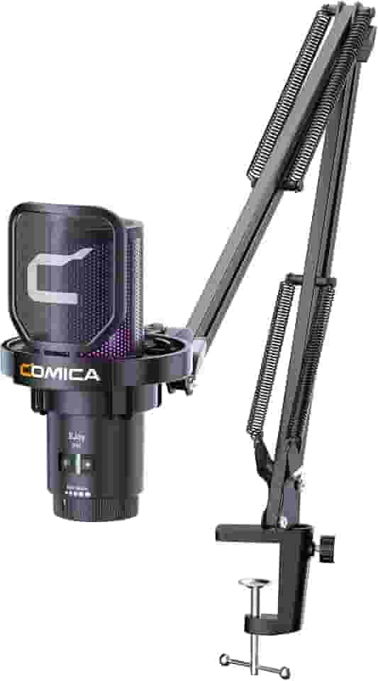 Microfone Condensador USB COMICA EJoy Uni com Braço RGB para PC, PS4, PS5, Mac e Celular USB-C – Ideal para Podcast, Streaming, YouTube – Com Cancelamento de Ruído, Mudo e Monitoramento