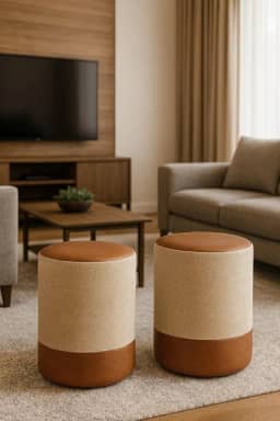 Kit 2 Puff Plus Banquinho Redondo Decorativo em Linho Base e Tampo Courino Bege/Caramelo - PC MÓVEIS