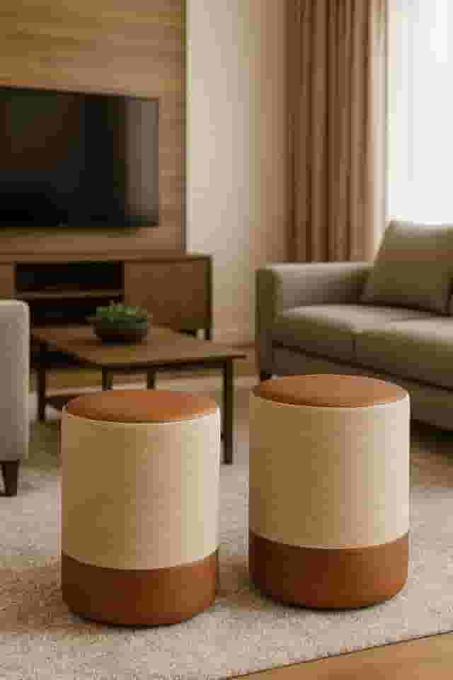 Kit 2 Puff Plus Banquinho Redondo Decorativo em Linho Base e Tampo Courino Bege/Caramelo - PC MÓVEIS