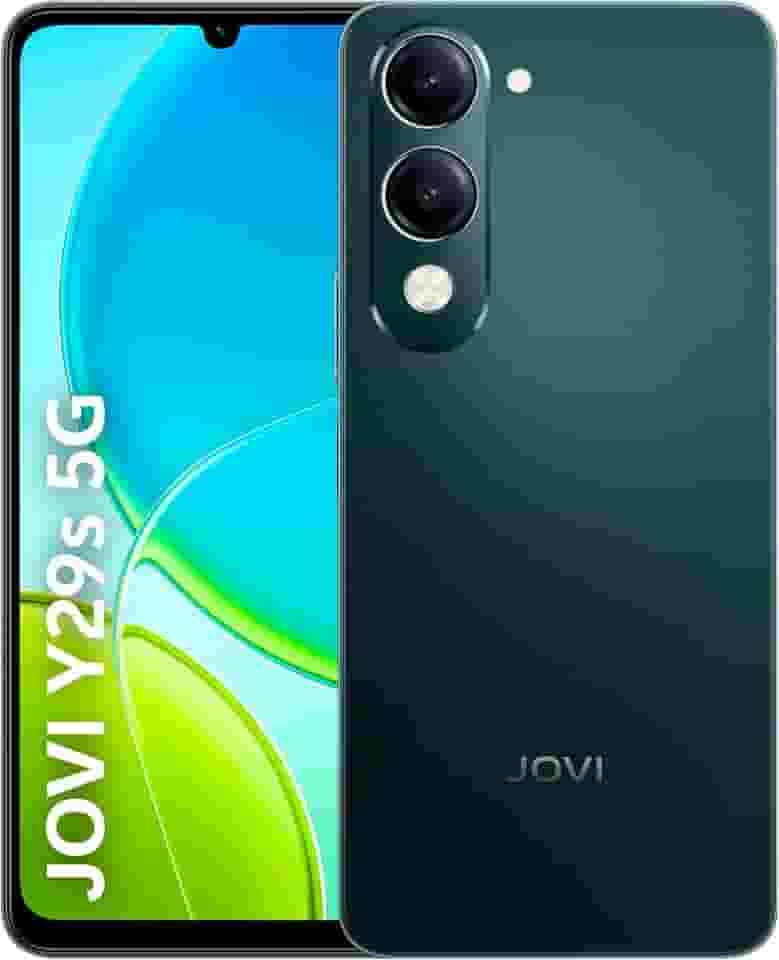 Smartphone JOVI Y29s 5G, 256GB, 8+8GB RAM Turbo, Dimensity 6300 2.4GHz, câmera dupla 50MP, tela 6,7" 90Hz, bateria 6000mAh com carregamento 44W, IP64, Android 15, Preto Jade