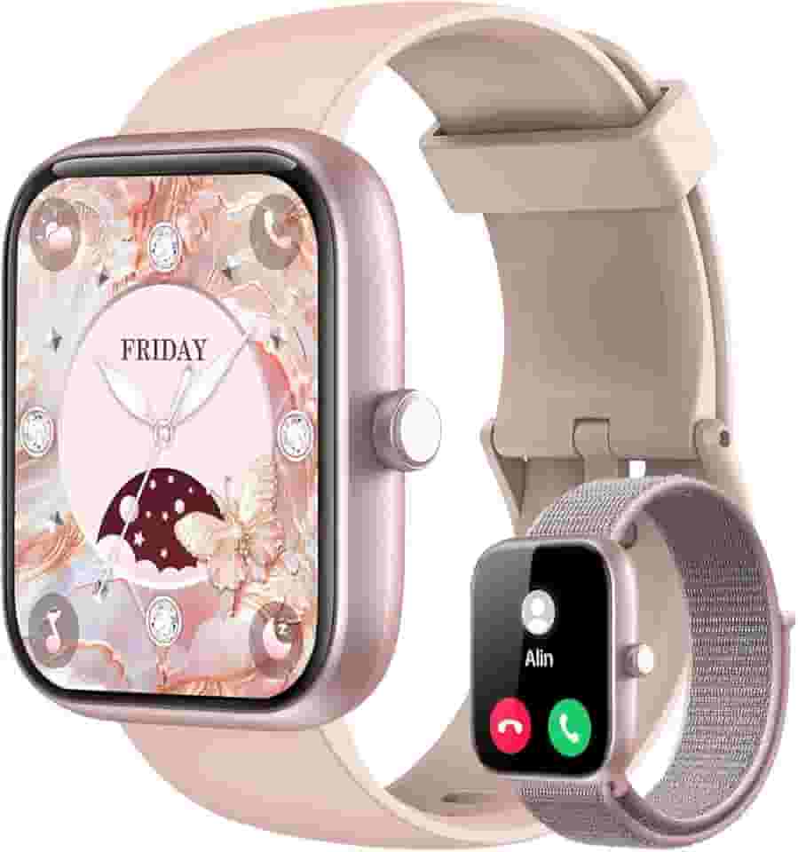 Smartwatch Feminino, Tela HD de 1,83" Relógio Fitness com Alexa, 120 Esportes, Frequência Cardíaca e Monitoramento do Sono, IP68 à rova d'água, Compatível com Android iOS, 2 Pulseiras (Rosa)